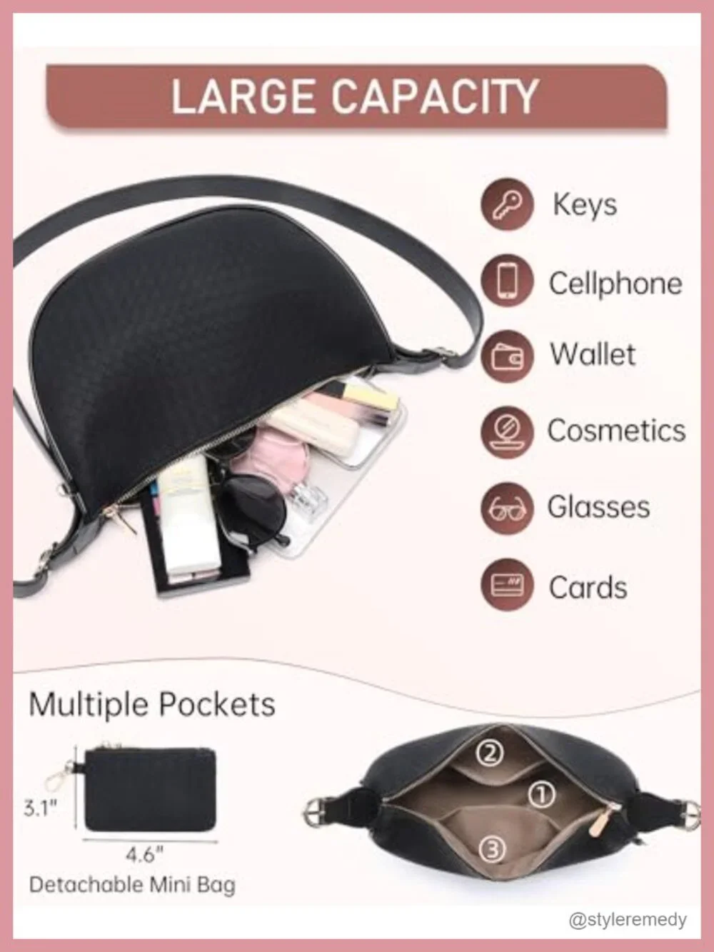 Women's Woven Crescent Hobo Bag with Detachable Pouch Crossbody Vegan Leather